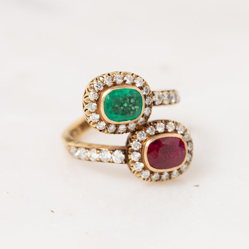 Emerald, Ruby, and Pave Diamond Twist Ring
