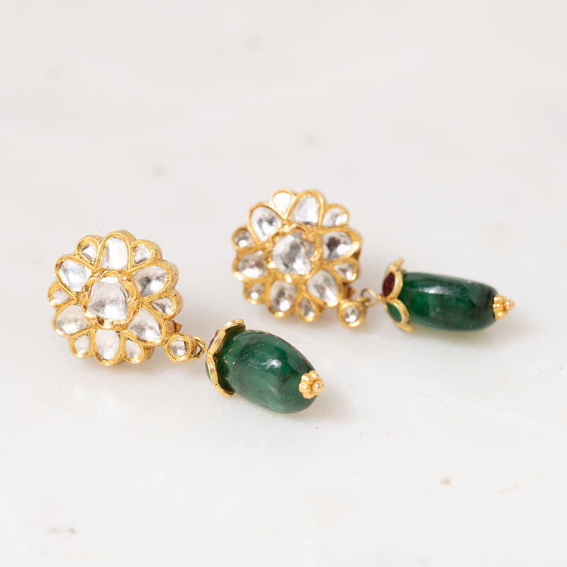 Polki Flowers with Emerald Drop Earrings