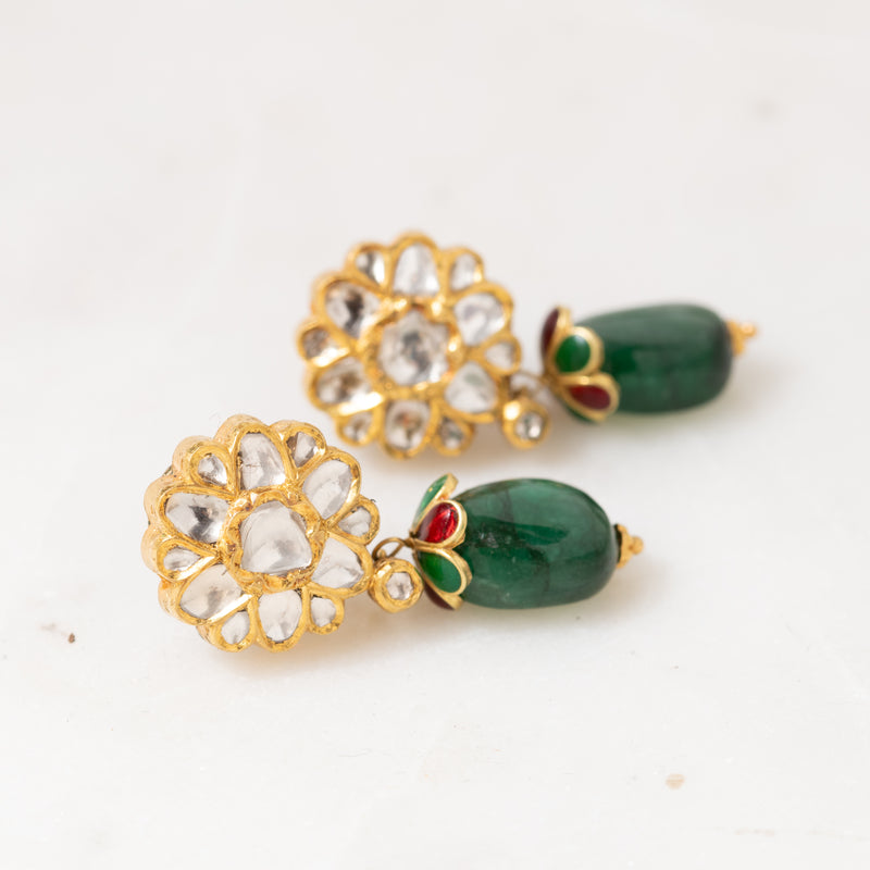 Polki Flowers with Emerald Drop Earrings