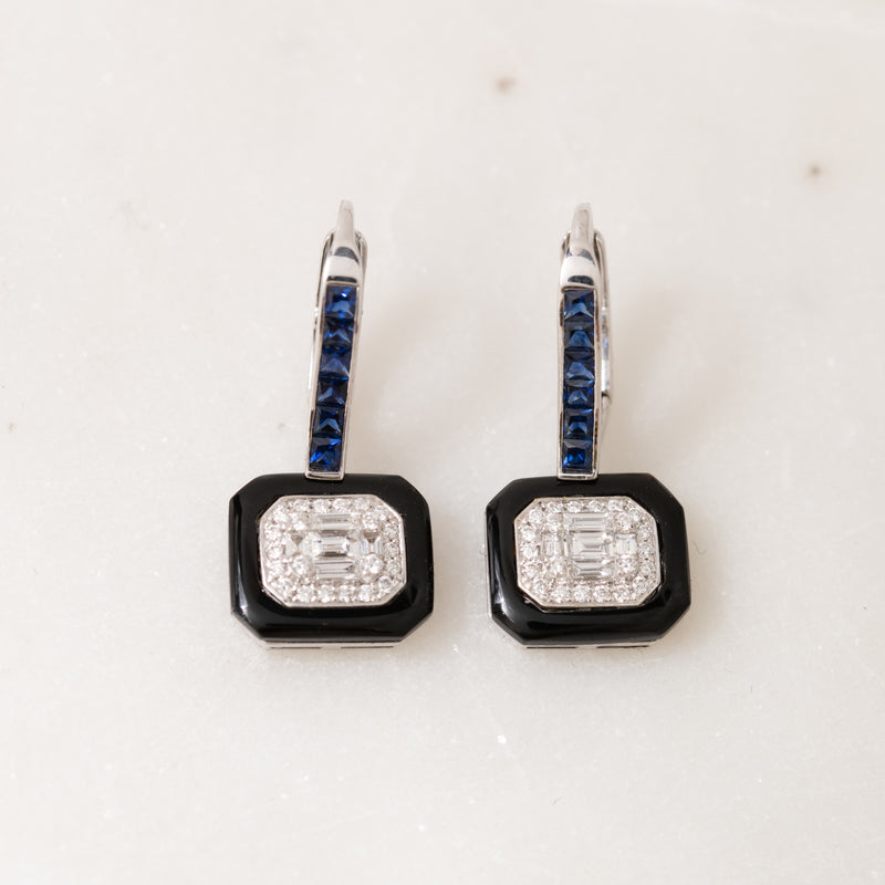 Baguette Diamond, Sapphire, and Enamel Earrings