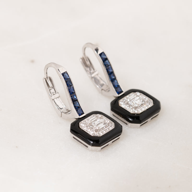 Baguette Diamond, Sapphire, and Enamel Earrings