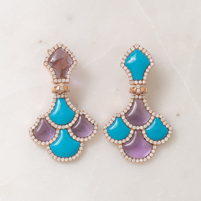 Turquoise, Amethyst, and Diamond Scale Earrings