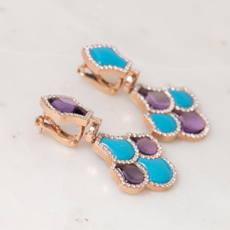 Turquoise, Amethyst, and Diamond Scale Earrings