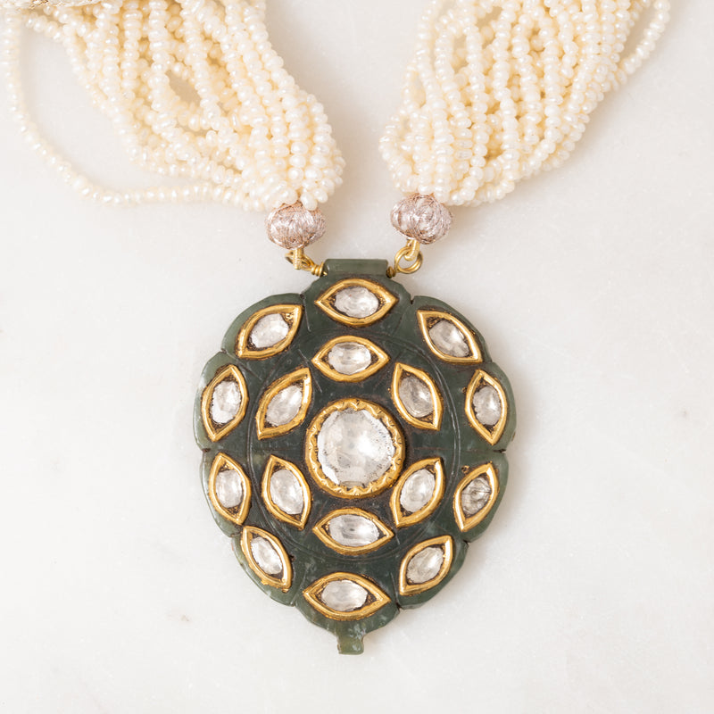 Vintage Carved Jade and Polki Diamond with Pearls Necklace