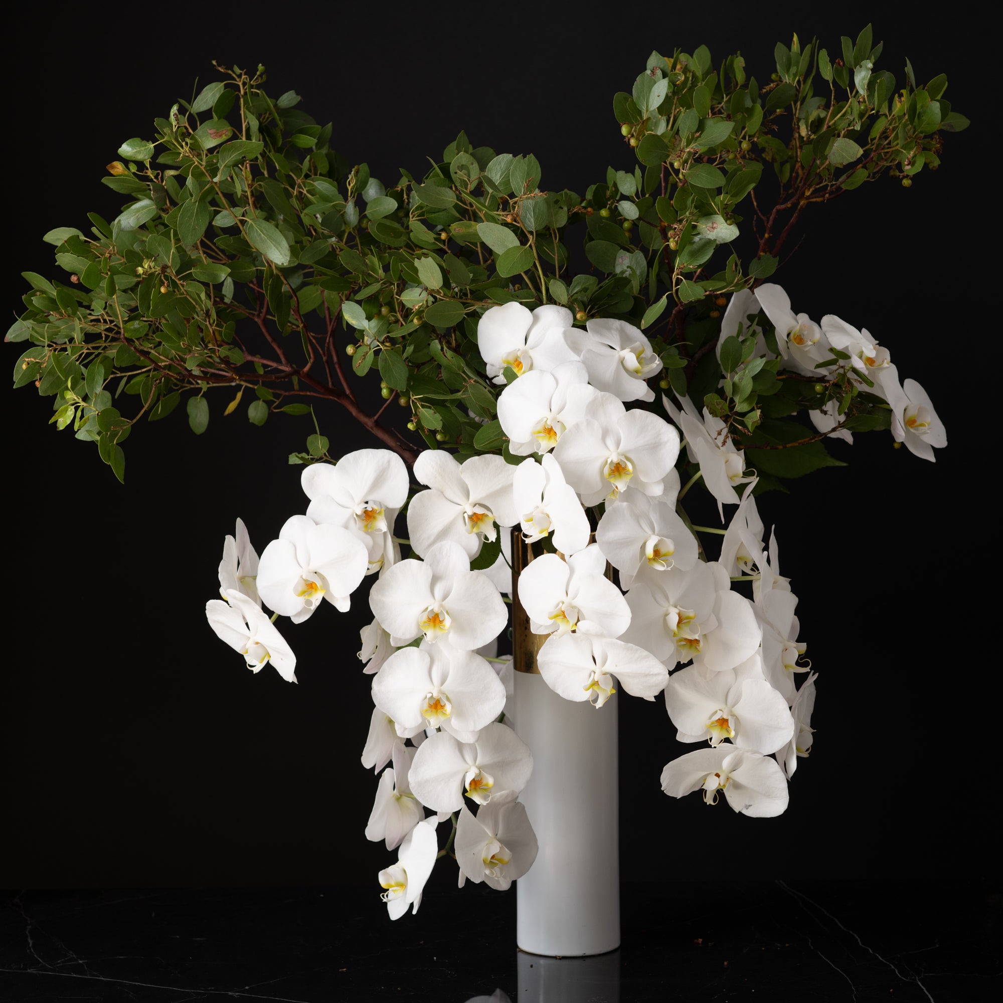 A breathtaking arrangement of cascading white orchids and eucalyptus in a tall modern vase, designed by Bloom by Anuschka, Denver's best high-end flower shop