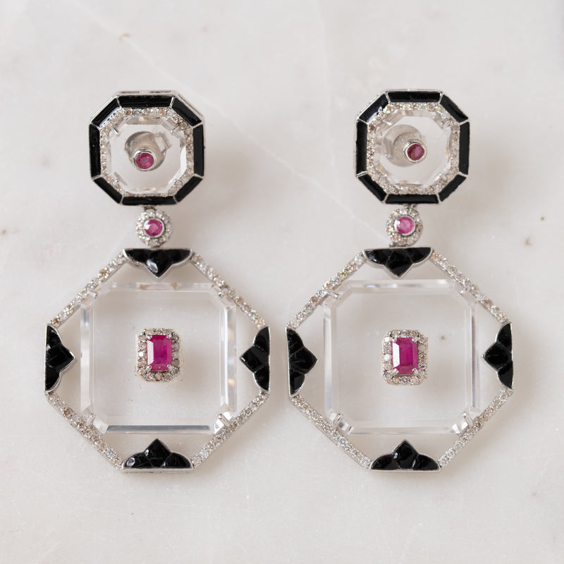 Ruby, Enamel, and Crystal Drop Earrings