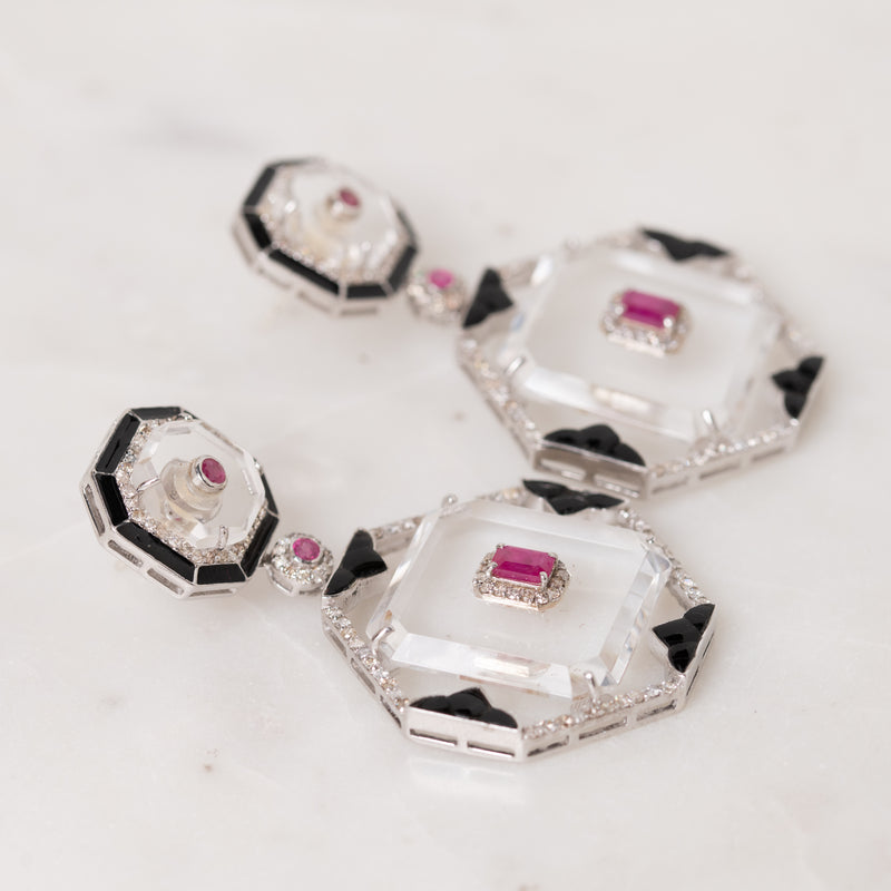 Ruby, Enamel, and Crystal Drop Earrings
