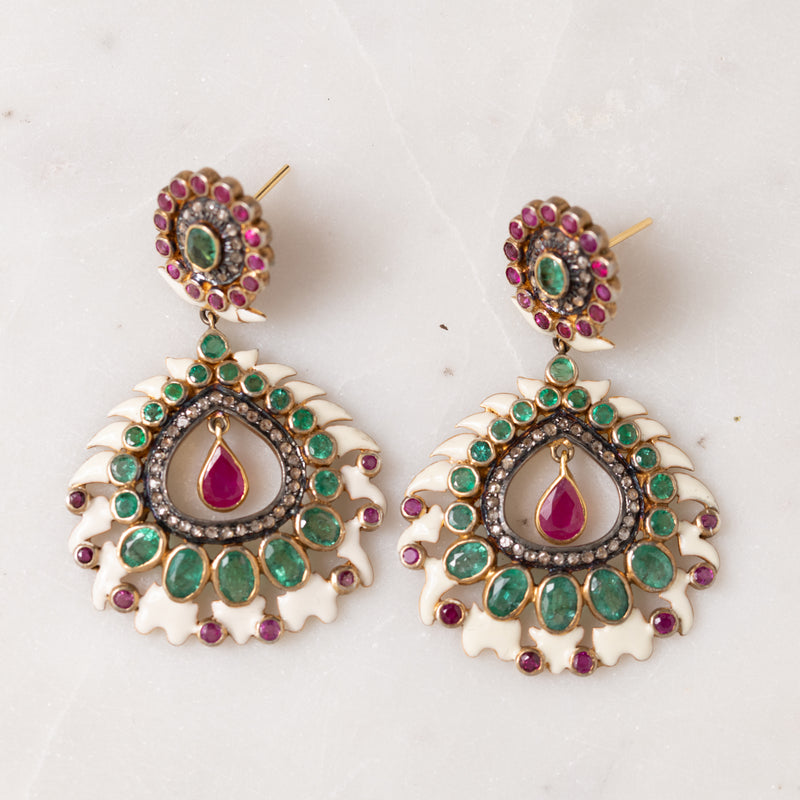 Enamel, Emerald, and Ruby Earrings