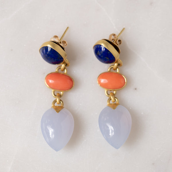 Lapis, Chalcedony, and Coral Earrings