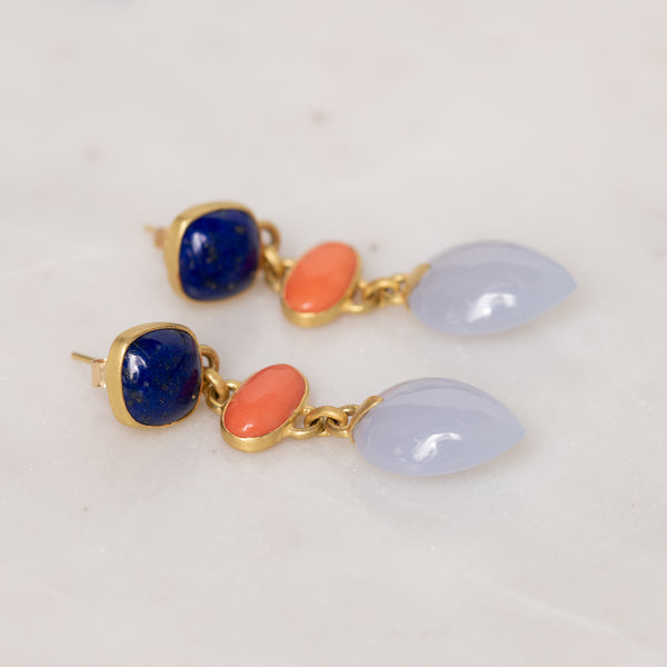 Lapis, Chalcedony, and Coral Earrings
