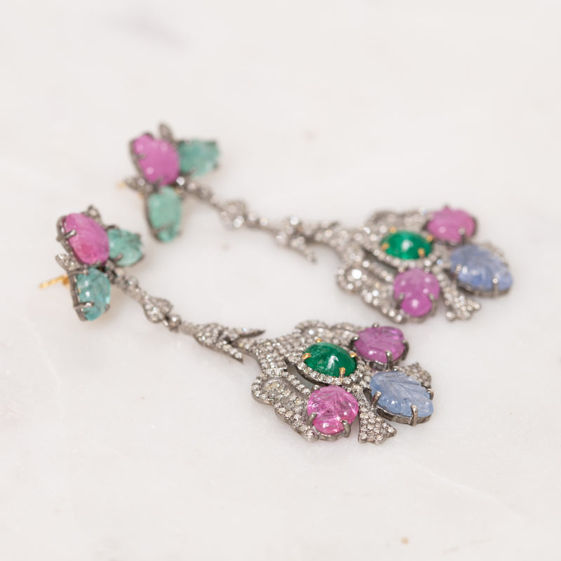 Carved Multicolor Sapphire and Emerald Earrings