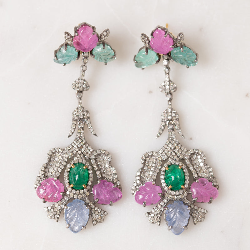 Carved Multicolor Sapphire and Emerald Earrings