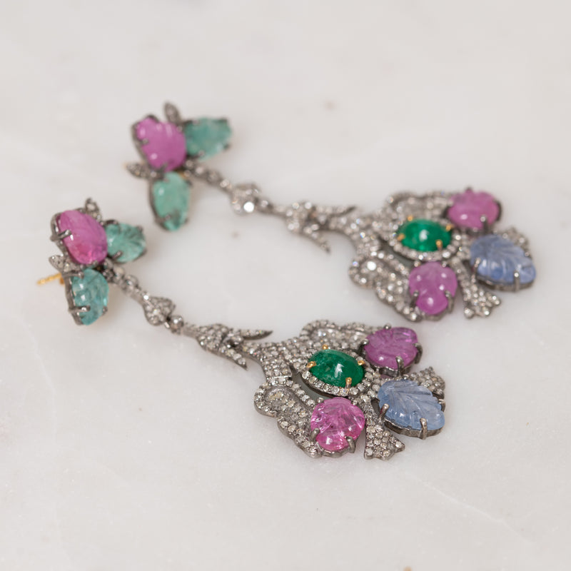 Carved Multicolor Sapphire and Emerald Earrings