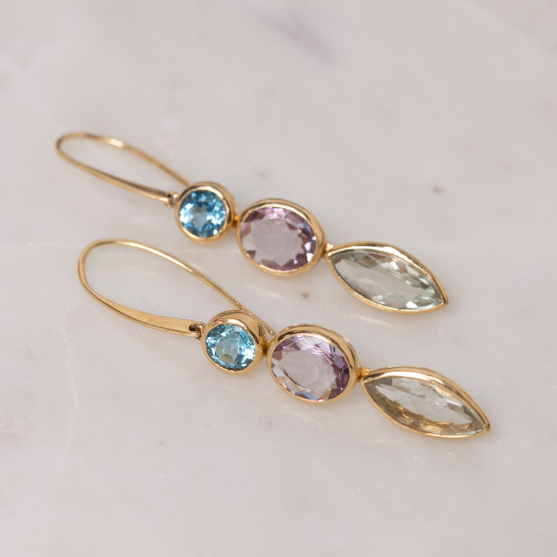 Amethyst, Topaz, and Green Amethyst Earrings