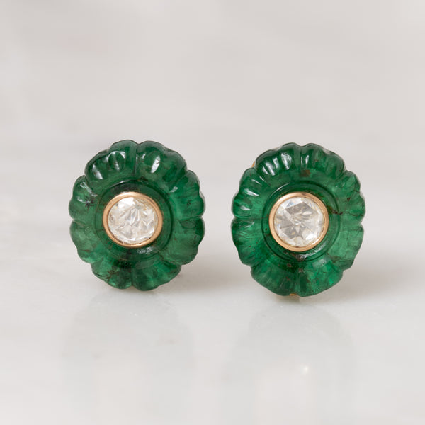Carved Emerald and Polki Diamond Earrings