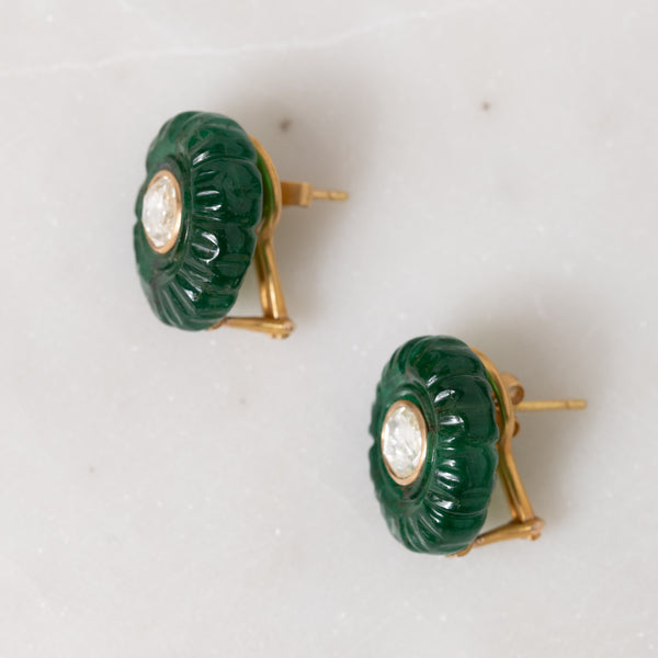 Carved Emerald and Polki Diamond Earrings