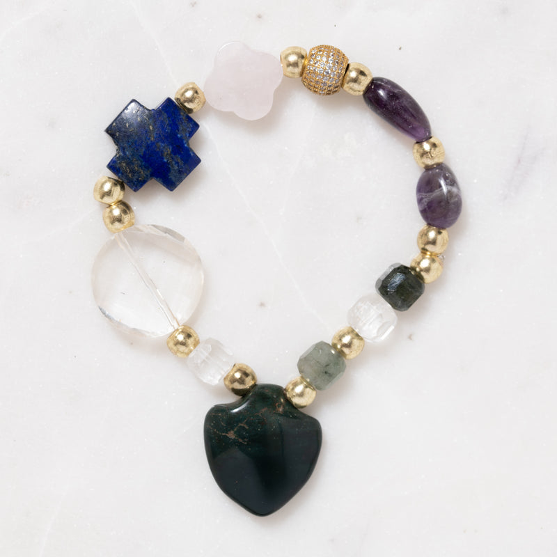 Lapis, Amethyst, Rose Quartz, Onyx, CZ Diamond Roundells, and Brass Bloom Bracelet