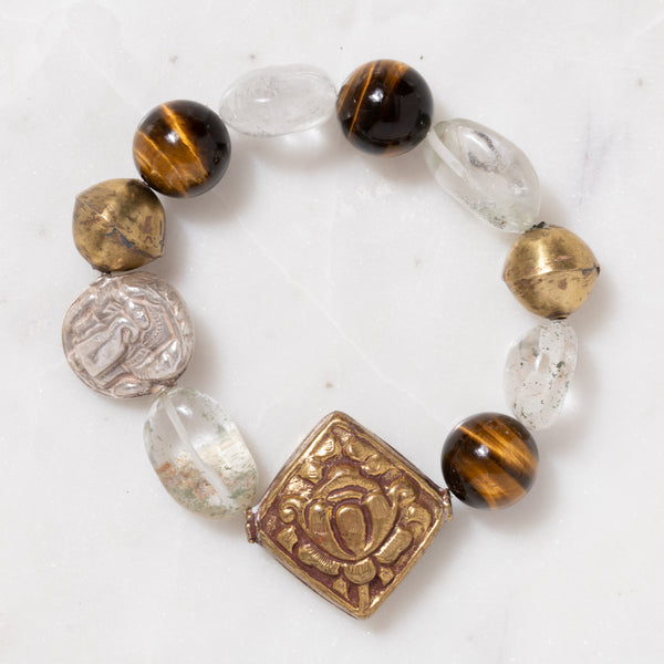 Tiger's Eye, Quartz, Silver and Brass Bloom Bracelet