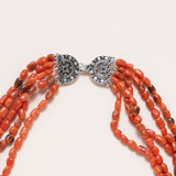 Natural Italian Coral Necklace, 5 Strands with Silver Indian Clasp