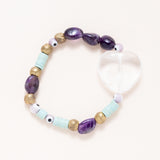 African Brass, African Vinyl, Amethyst, Glass Eyes & Crystal Heart Bracelet