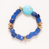 African Vintage Glass, African Brass & Kingman Turquoise Bracelet