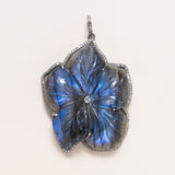 Hand Carved Labradorite Flower with Pavé Diamonds Pendant
