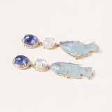 Tanzanite, Moonstone, Hand Carved Aquamarine Fish 14K Gold & Pavé Diamond Earrings