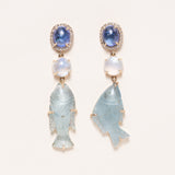Tanzanite, Moonstone, Hand Carved Aquamarine Fish 14K Gold & Pavé Diamond Earrings