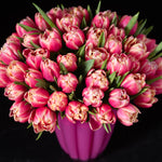 A vibrant tulip arrangement featuring rich pink hues, presented in a bold pink vase, highlighting Bloom by Anuschka’s floral artistry.