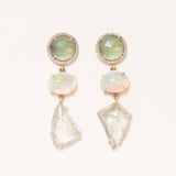 Green Beryl, Ethiopian Opal, Rutilated Quartz, 14k gold & Pavé Diamond Earrings