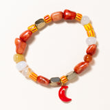 Carnelian, African Glass & Brass Beads, Coral with Red Enamel Moon Pendant with Micro Diamond