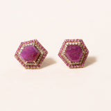 Raw Ruby Slices set in 18k Gold, Pave Diamonds and Rubies Earrings