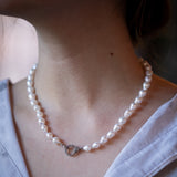 White Sweet Water Pearl Necklace with Diamond Pave Silver Clasp
