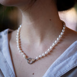 White Sweet Water Pearl Necklace with Diamond Pave Silver/Gold Clasp