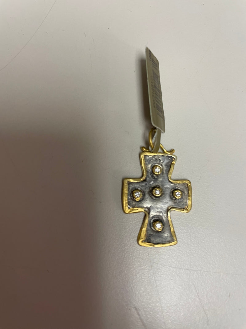 24k Gold Pendant w/ Diamond & Silver Byzantine Cross