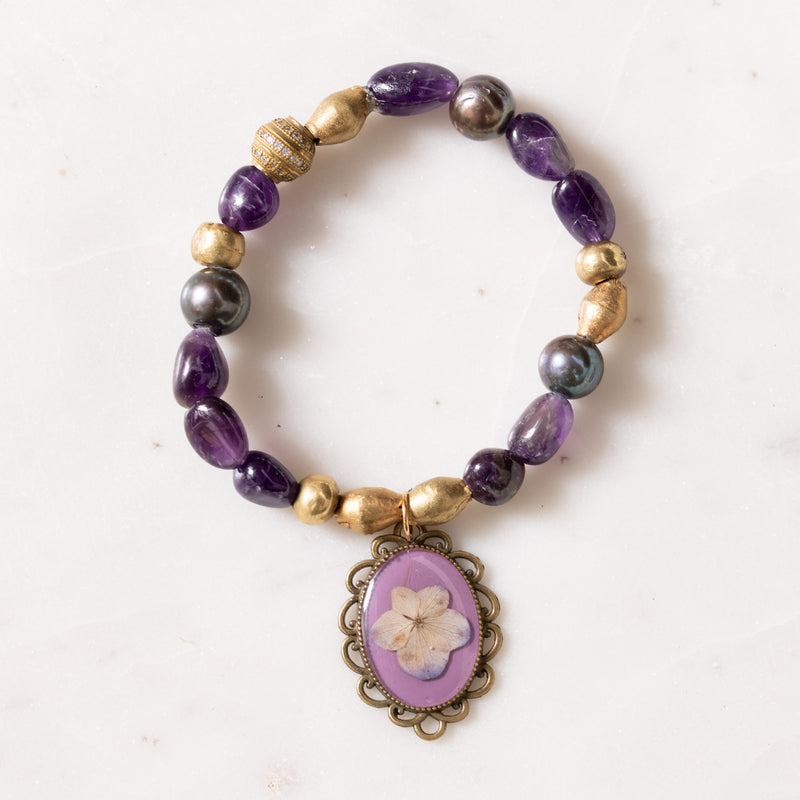 Amethyst, Brass, Pearl, CZ Diamond, and Pressed Flower Charm Bloom Bracelet