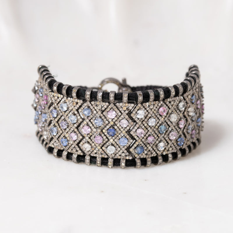 Blue and Pink Sapphire with Pave Diamonds Thread Bracelet