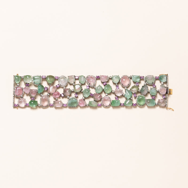 Pink and Green Tourmaline with Diamonds Wide Bracelet