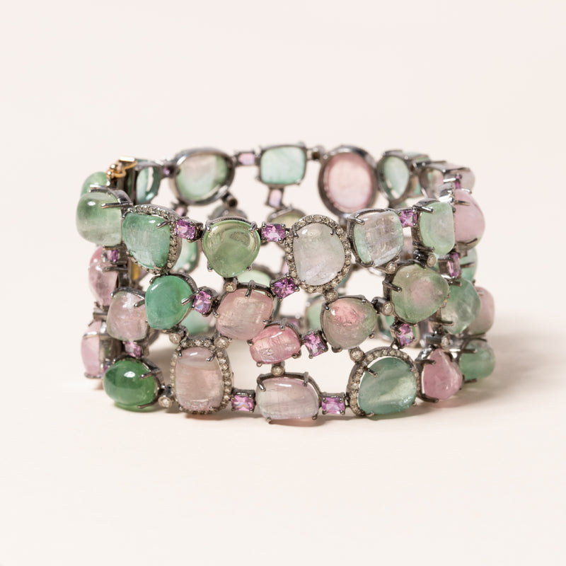 Pink and Green Tourmaline with Diamonds Wide Bracelet