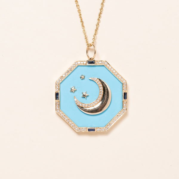 Enamel and Sapphires Moon Pendant