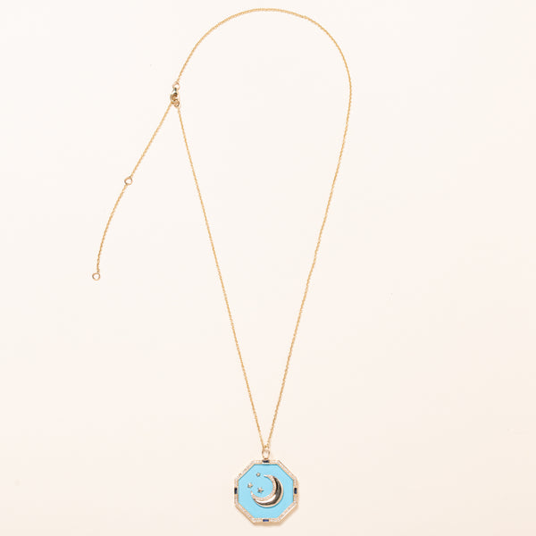 Enamel and Sapphires Moon Pendant