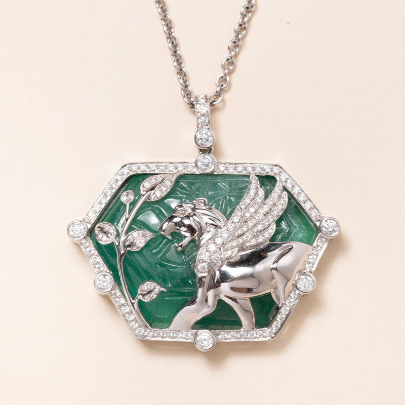 Winged Lion White Gold and Carved Emerald Necklace