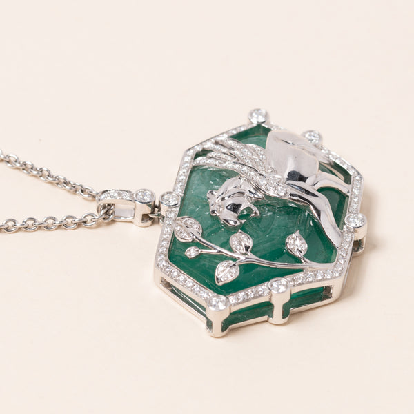 Winged Lion White Gold and Carved Emerald Necklace