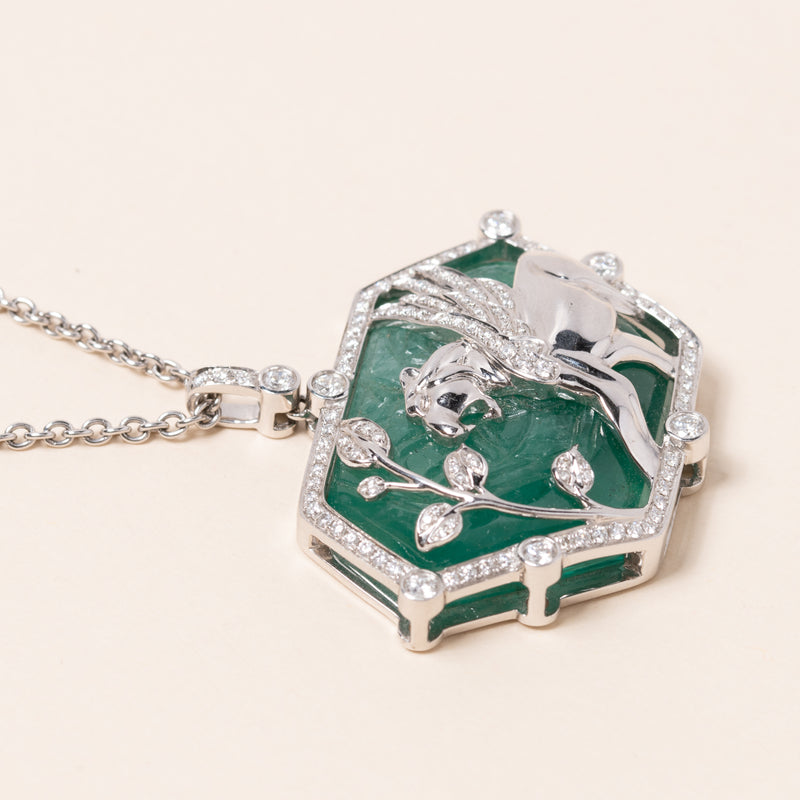 Winged Lion White Gold and Carved Emerald Necklace