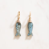 Labradorite Hand Carved Fish Earrings On 14K Gold & Pave Diamond Hoops