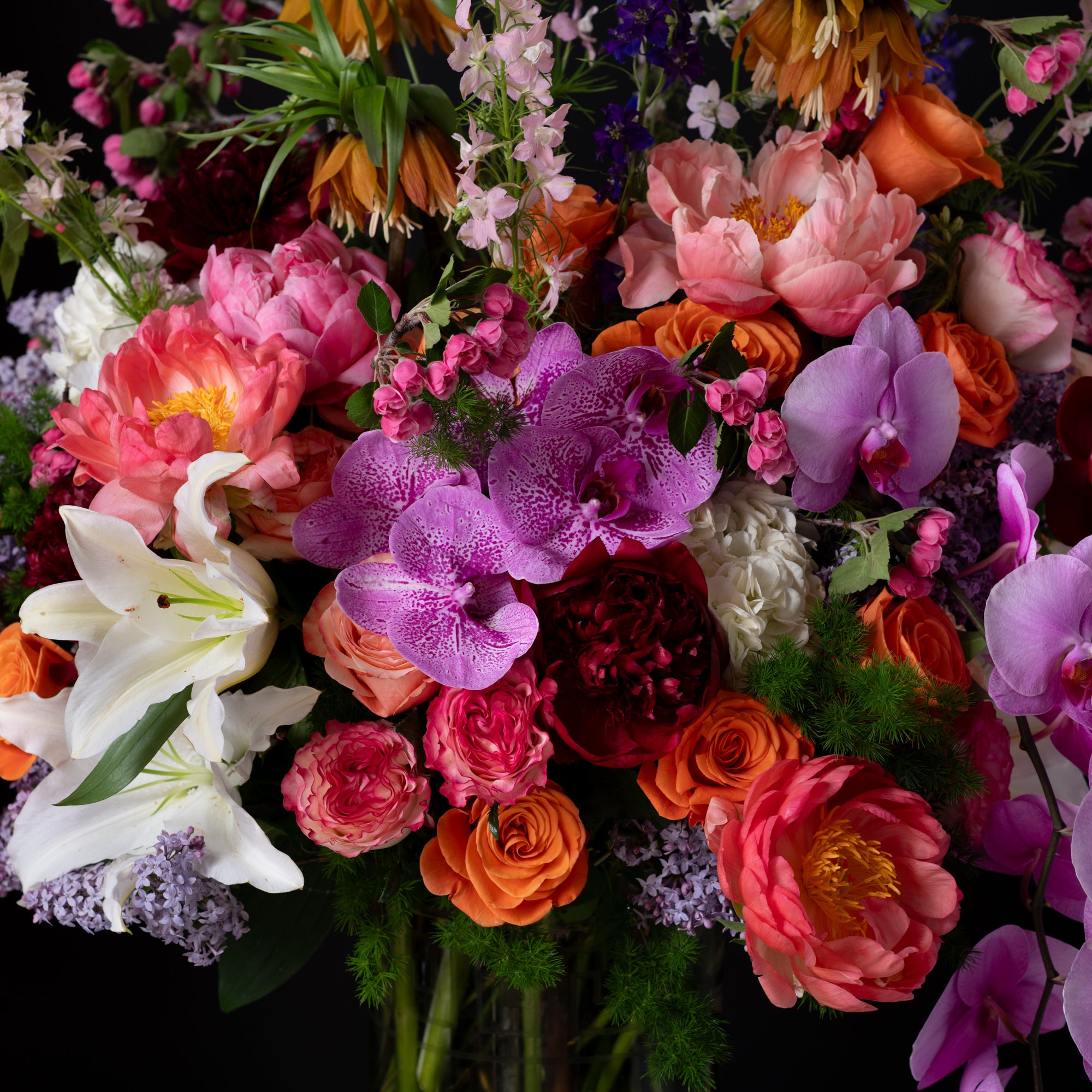 Dramatic array of vivid flowers, including pink orchids and vibrant peonies, showcasing the artistry of a premier flower business in Denver.