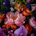 Opulent mix of orchids, peonies, and other blooms in a grand arrangement by Bloom by Anuschka, highlighting expert flower crafting skills.