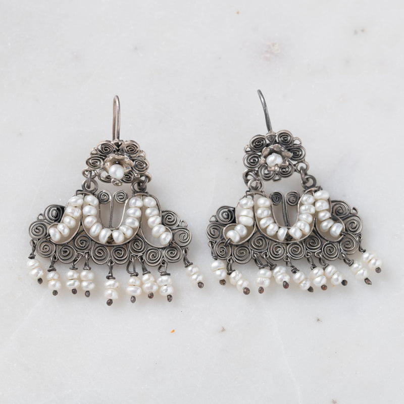 White Beads in Silver Earrings
