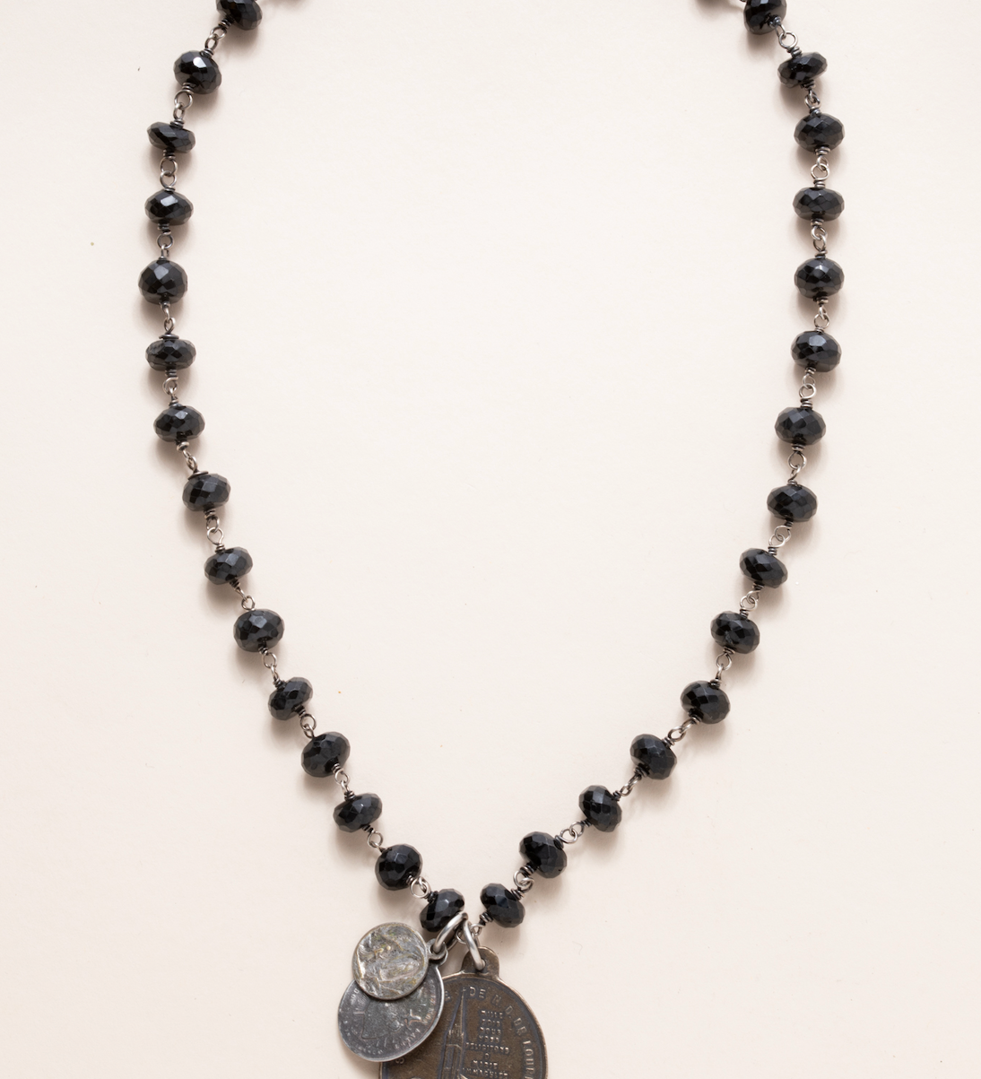 Black Onyx Necklace - One of a Kind - Assorted Bronze and Sterling Medals
