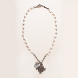 White Pearl Necklace, Sterling 7 bronze Medals